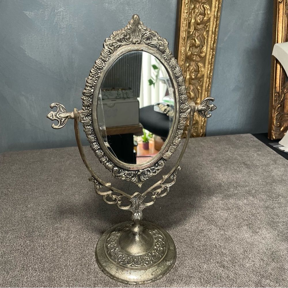 Vintage Ornate European Style Brass Toned Metal Vanity Mirror